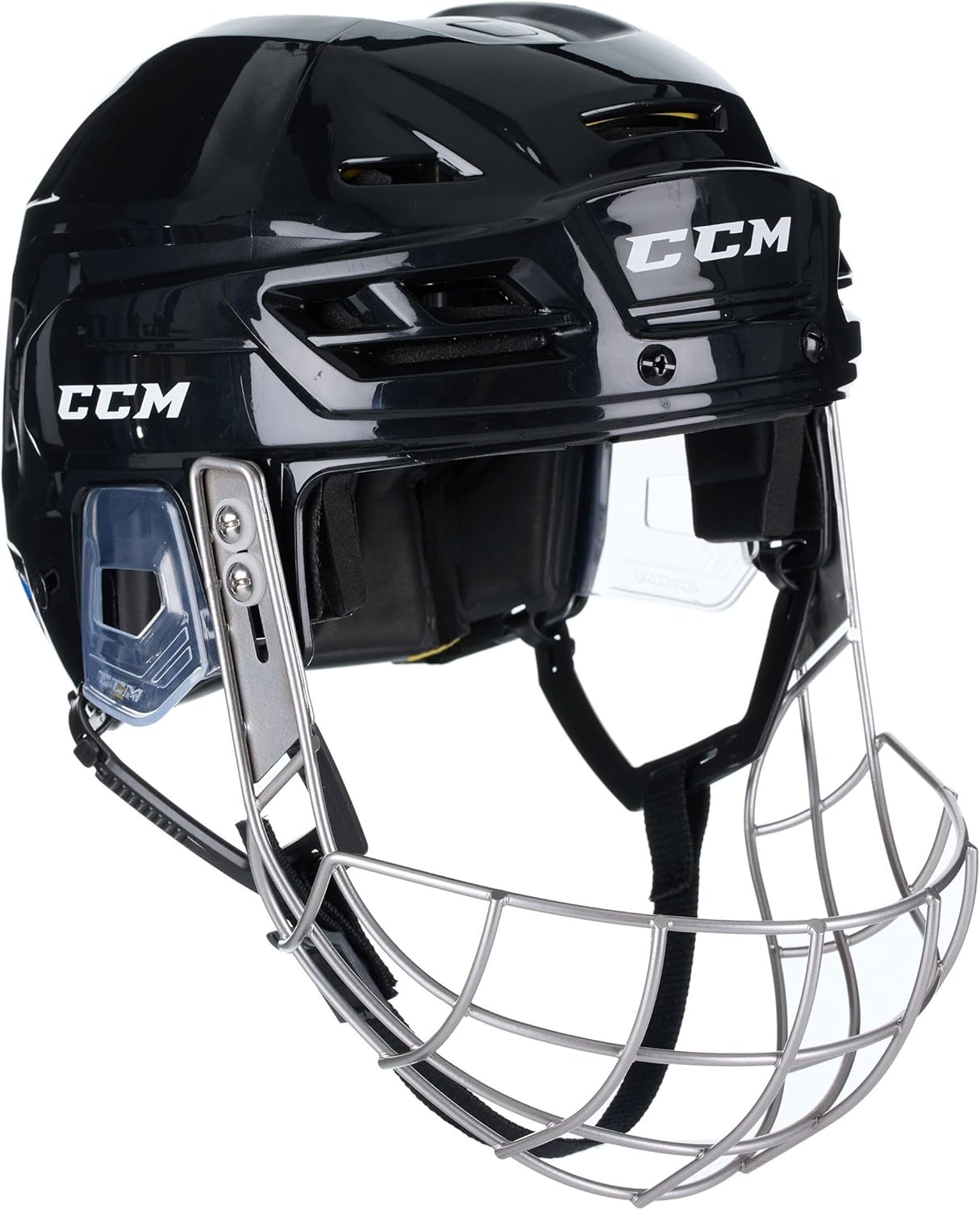 Cage hockey Wargate – vue de côté sur casque CCM adulte, système d'ajustement vertical