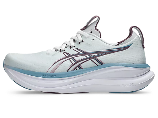Asics Gel-Nimbus 28 — chaussure de running à amorti maximal FF BLAST+ pour longue distance de couleur Arctic Blue/Velvet Purple
